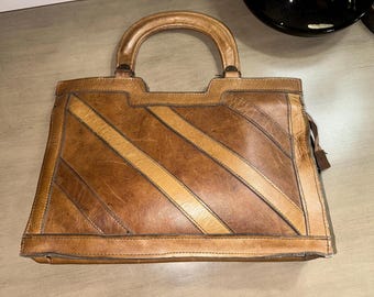 Vintage 1960's Slim Satchel Compact Brown Striped Cowhide leather bag