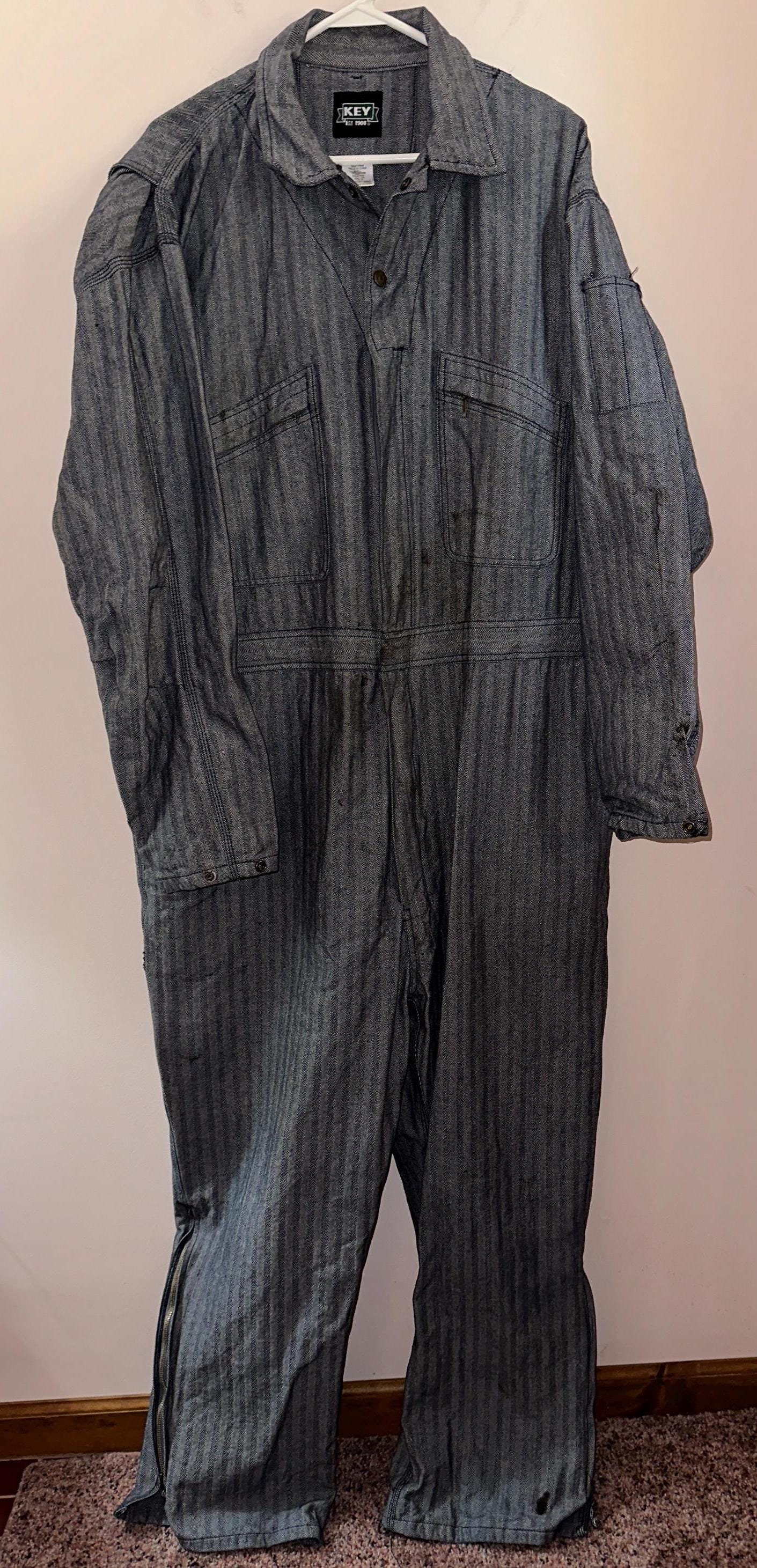 KEY men's Herringbone blue denim industrial Rat Rod coveralls size 2XL Reg