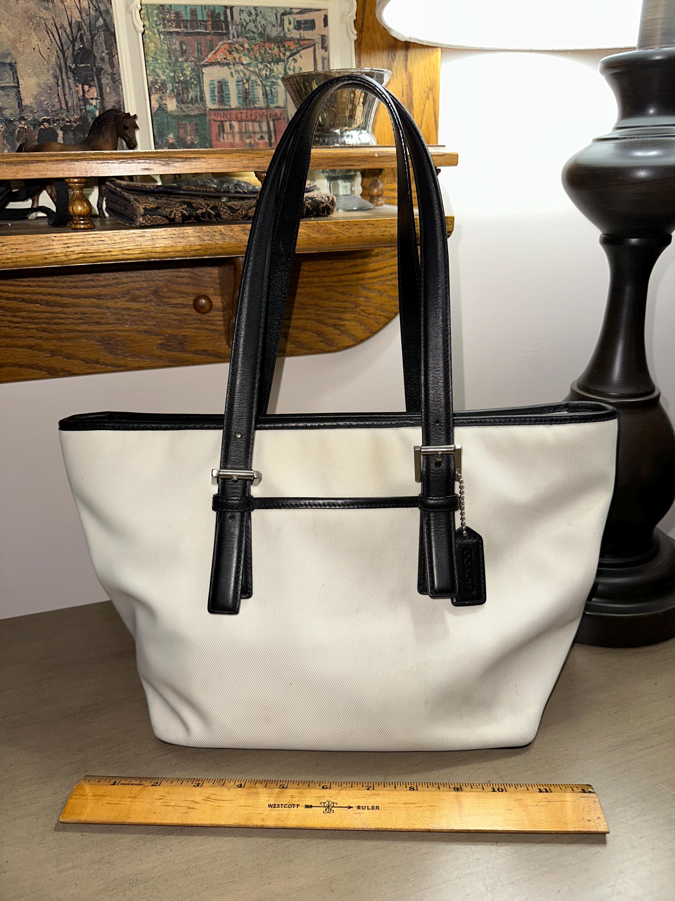 Vintage Y2K COACH Mercer White Twill and Black Leather Tote Bag