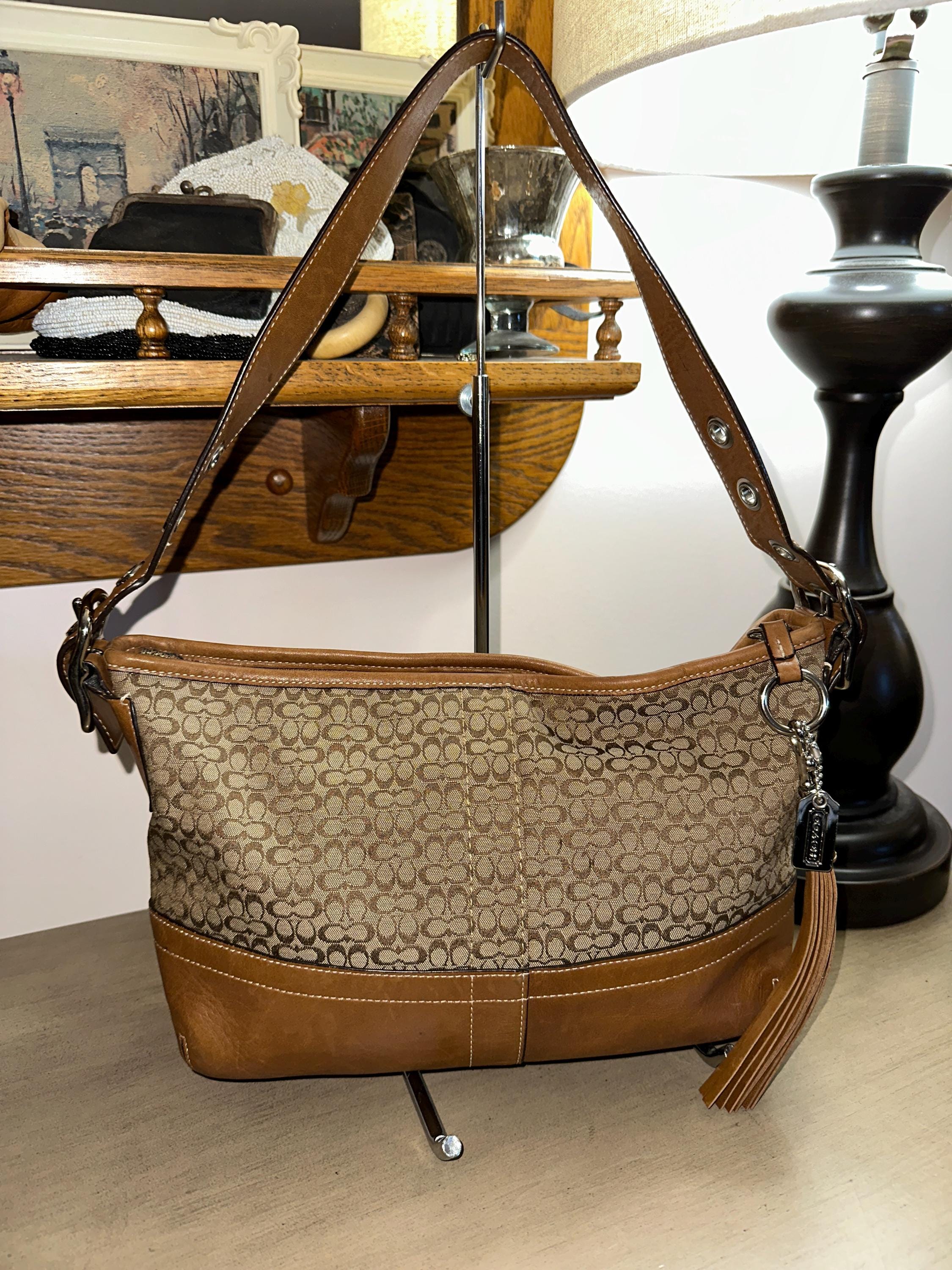 Vintage Y2K COACH Khaki Signature Jacquard and Leather Hobo