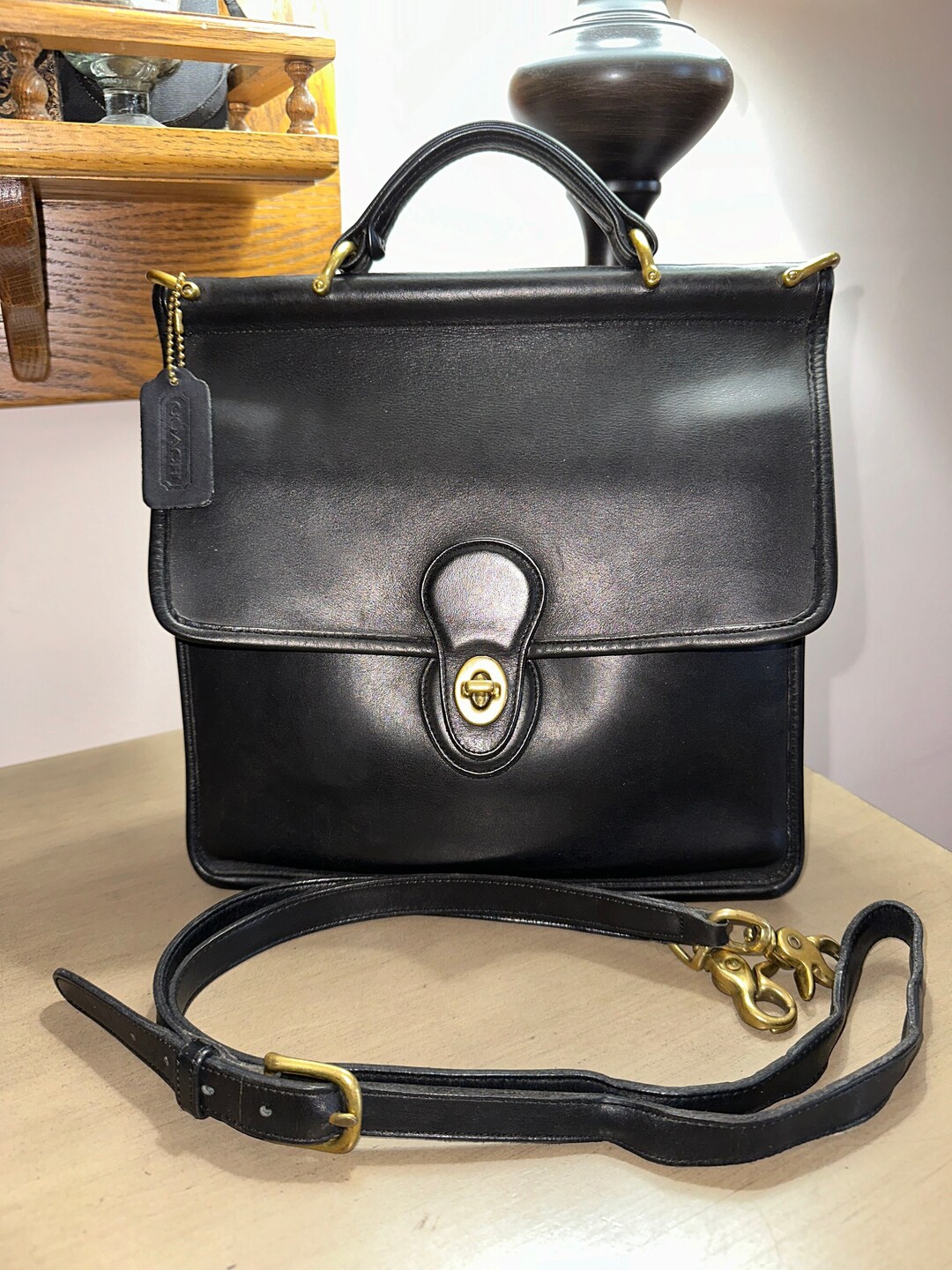 Vintage COACH Willis Top Handle Black Leather Crossbody Messenger Bag