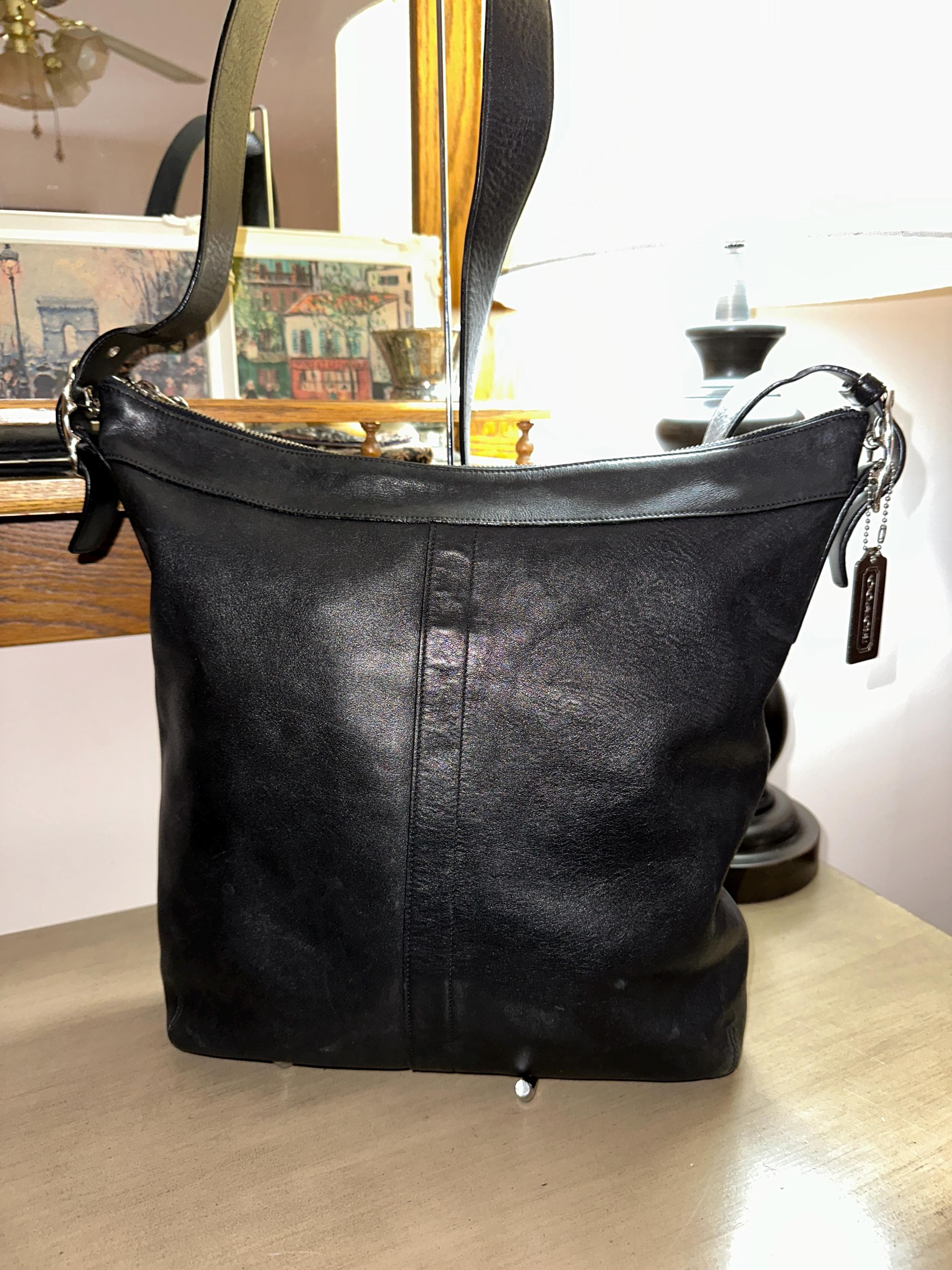 COACH ブラックレザー バッグ Y2K COACH Legacy Black Leather Top Zip Large Slim Duffle Sac