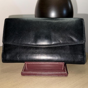 Vintage COACH Leatherware black polished calfskin leather trifold checkbook wallet Made in USA