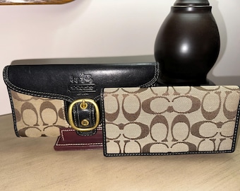 Vintage Y2K COACH Bleecker signature portemonnee van jacquard en zwart leren driebladige chequeboek