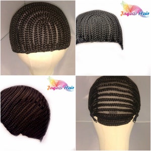 May include: A black wig cap with a braided construction and a mesh panel. The cap is shown on a mannequin head from multiple angles.