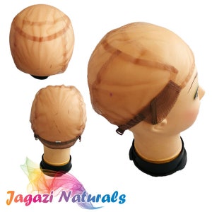 May include: A brown wig cap with adjustable straps. The cap is made of a fine mesh material and is brown in colour.