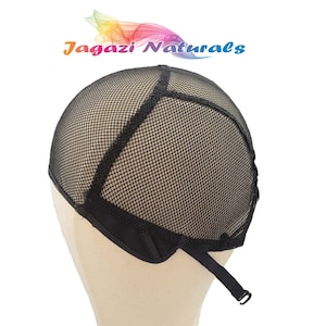 May include: Black mesh wig cap with adjustable straps. The cap is designed to fit snugly on the head and has a breathable mesh fabric.