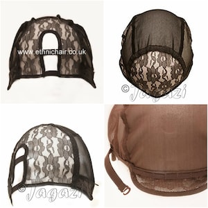May include: A black lace wig cap with an opening at the back. The cap has adjustable straps and is made from a breathable material. The cap is designed to be worn under a wig.