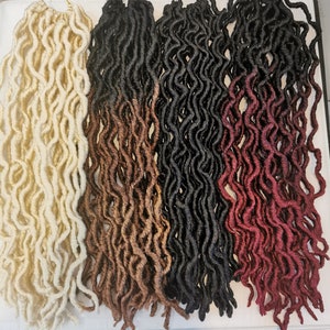 May include: Four bundles of pre-made wavy synthetic dreadlocks in blonde, brown, black, and burgundy.
