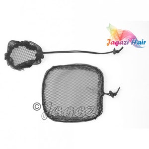 May include: Two black mesh hair nets, one round and one square, with drawstring closures. The nets are made of a fine mesh material and are designed to hold hair in place.