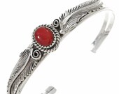 Navajo Red Coral Silver Ladies Bracelet Leaf and Swirl Design Cuff