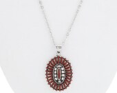 Zuni Silver Coral Needlepoint Pendant With Chain 0099