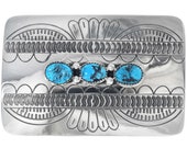 Kingman Turquoise Silver Belt Buckle Navajo Made 0520