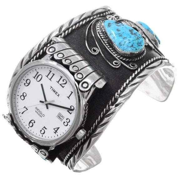 Vintage Navajo Big Boy Turquoise Silver Watch Cuf… - image 1