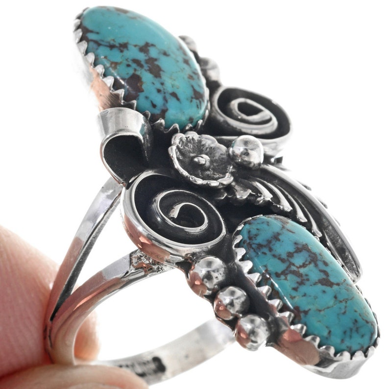 Native American Turquoise Pointer Ring Ladies Sterling Design Navajo Jewelry 0122