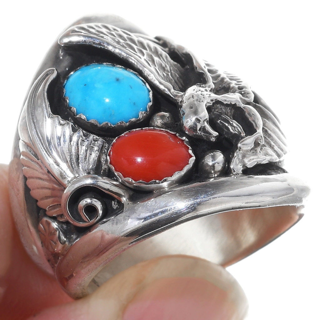 Navajo Silver Eagle Mens Ring Turquoise Coral Any Size 0050 Etsy