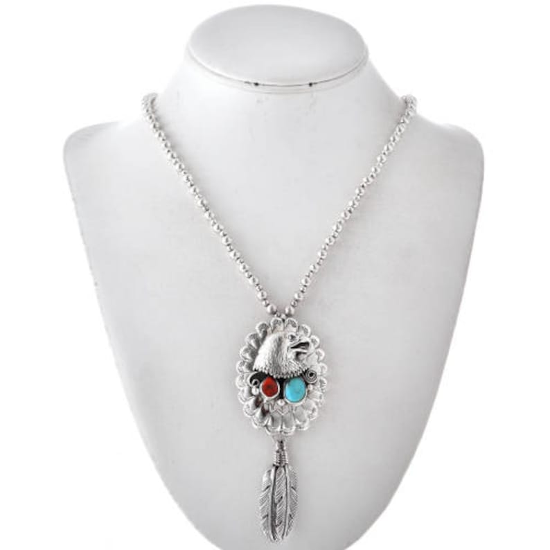 Navajo Silver Eagle Pendant with Turquoise Coral Feathers