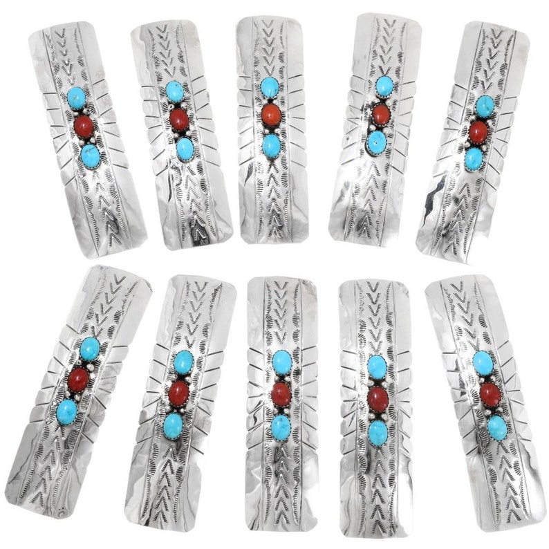 Turquoise Coral Sterling Hair Barrette Navajo Handmade 0671
