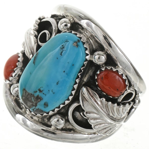 Navajo Turquoise Coral Silver Mens Ring Big Boy Sterling Design 0059