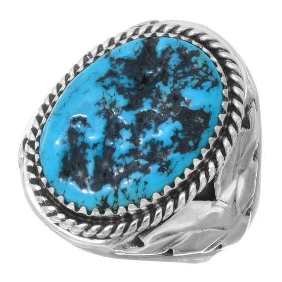 Navajo Blue Turquoise Silver Mens Ring Sterling Leaf Pattern | Etsy