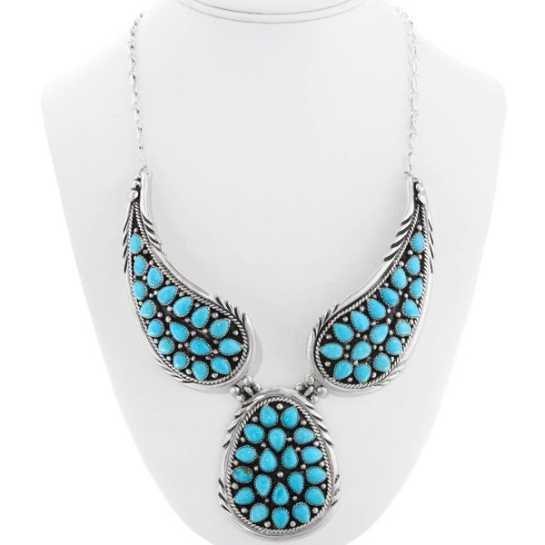 Ladies Navajo Turquoise Cluster Silver Necklace Sterling Link Pattern 0114