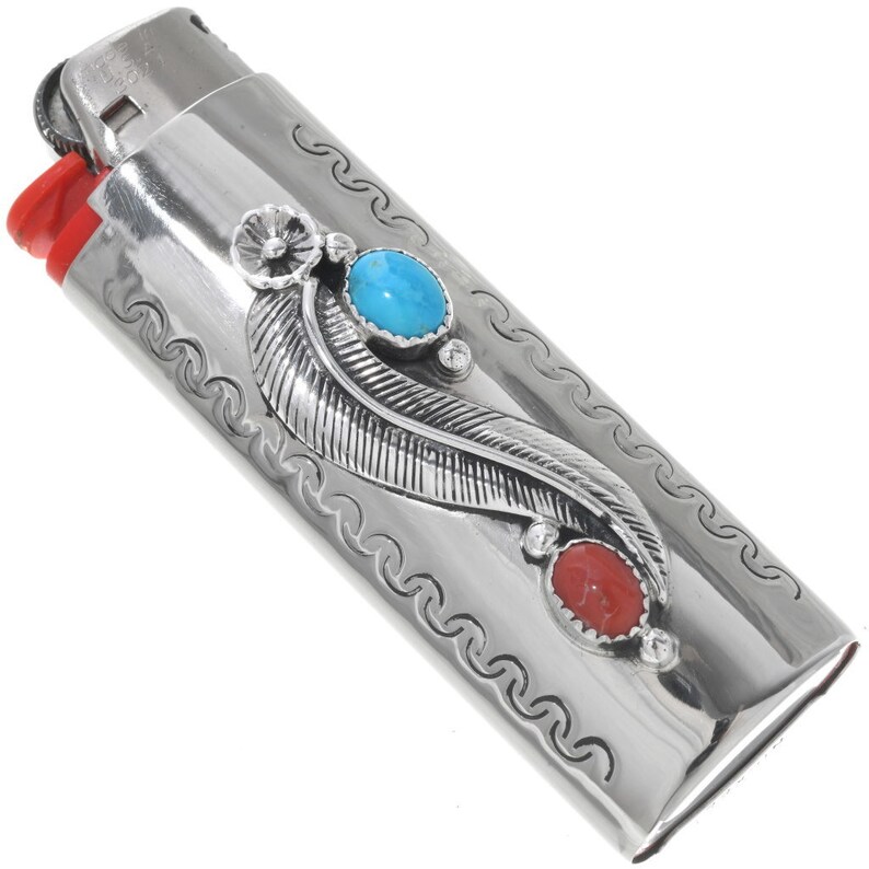 Silver Lighter Case Cover Navajo Turquoise Coral Design 1651 Etsy