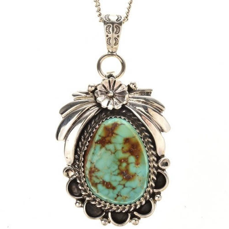 Royston Turquoise Silver Navajo Pendant with Chain Native American Jewelry 1298