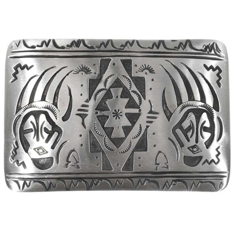 Navajo Overlaid Silver Belt Buckle Handmade Bear Paw Rug Pattern by Thomas A Begay 1050