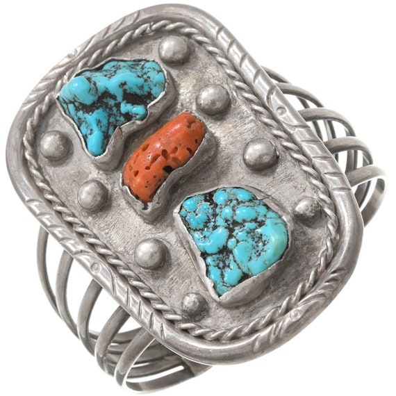 Old Pawn Turquoise Coral Silver Cuff 5-Wire Brace… - image 1