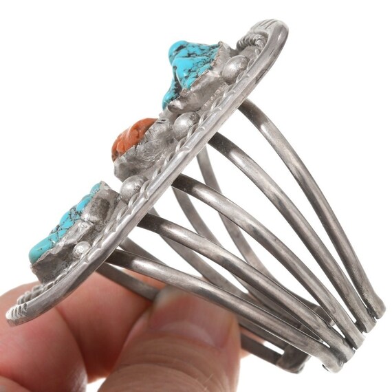 Old Pawn Turquoise Coral Silver Cuff 5-Wire Brace… - image 2
