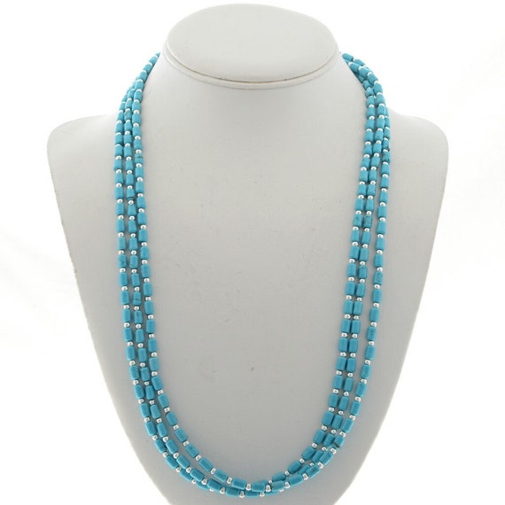 Navajo Triple Strand Fine Turquoise Sterling Silver Beaded Necklace