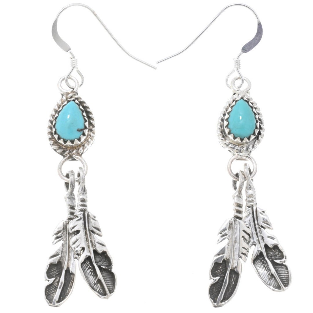 •CHINESE TURQUOISE TEARDROP• Navajo silver dangle earrings