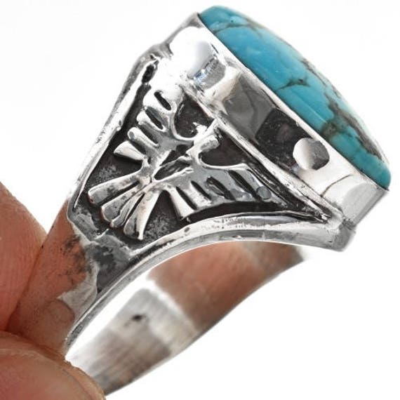 Navajo Mens Turquoise Ring Silver Thunderbird Eagle Sterling Big