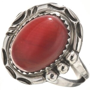 Navajo Red Coral Sterling Ladies Ring Traditional Hammered Silver 5 to 10 Sizes 0132