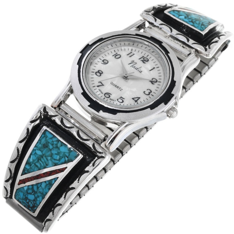 Inlaid Turquoise Coral Silver Mens Watch Navajo Slant Chip Etsy