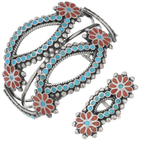 Vintage Zuni Coral Turquoise Inlay Bracelet Ring Set by Matthew and Rosemary Lidase 1287