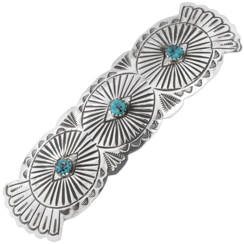 Sterling Silver Turquoise Navajo Concho Design Hair Barrette Spring Clip Style 0046 .br Sterling Silver Turquoise Navajo Concho Design Hair Barrette Spring Clip Style 0046 .br