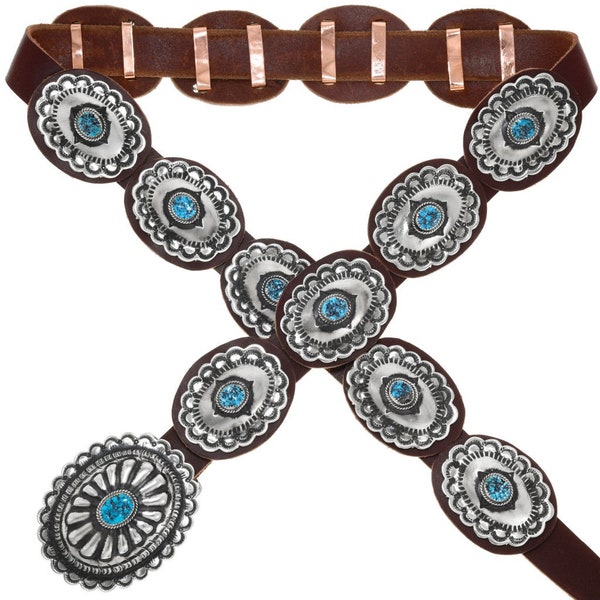 Navajo Blue Turquoise Silver Concho Belt Traditional Pattern on Genuine Leather 1587