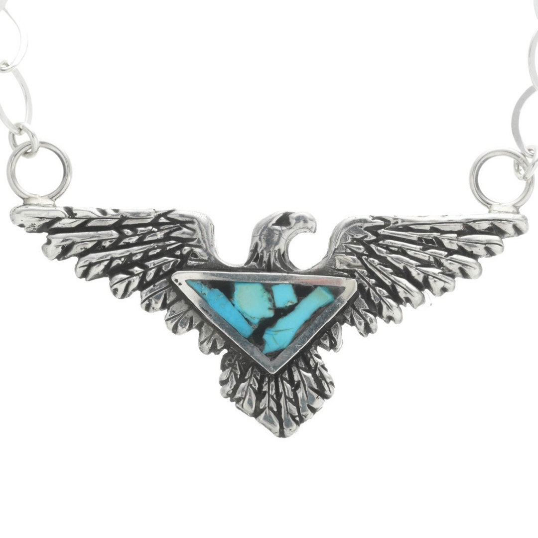 Turquoise Inlay Eagle Navajo Inlaid Turquoise Silver Eagle Pendant Sterling Link Necklace ...