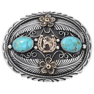 Turquoise Gold Navajo Sterling Silver Belt Buckle Horse in Horseshoe Design 0019