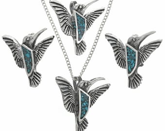 Turquoise Silver Pueblo Hummingbird Pendant With Chain Inlaid Sterling