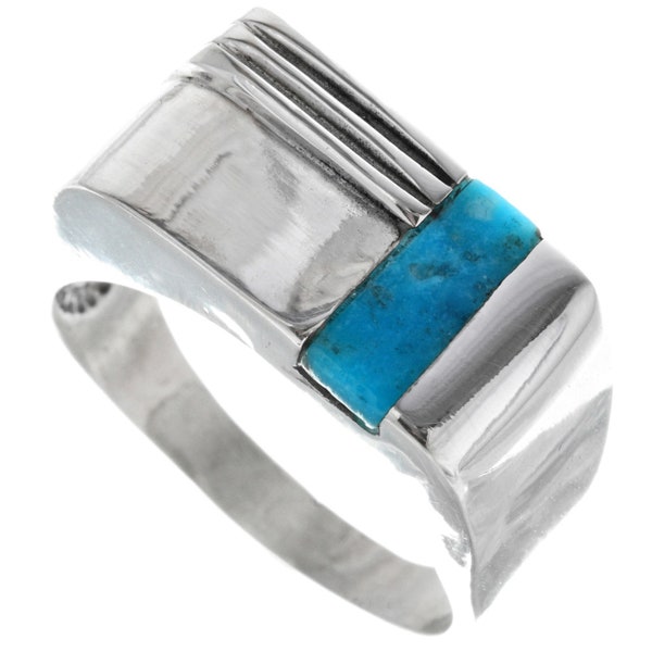 Mens Turquoise Silver Native American Ring Linear Sterling Signet Style 8 to 12 Sizes 1990