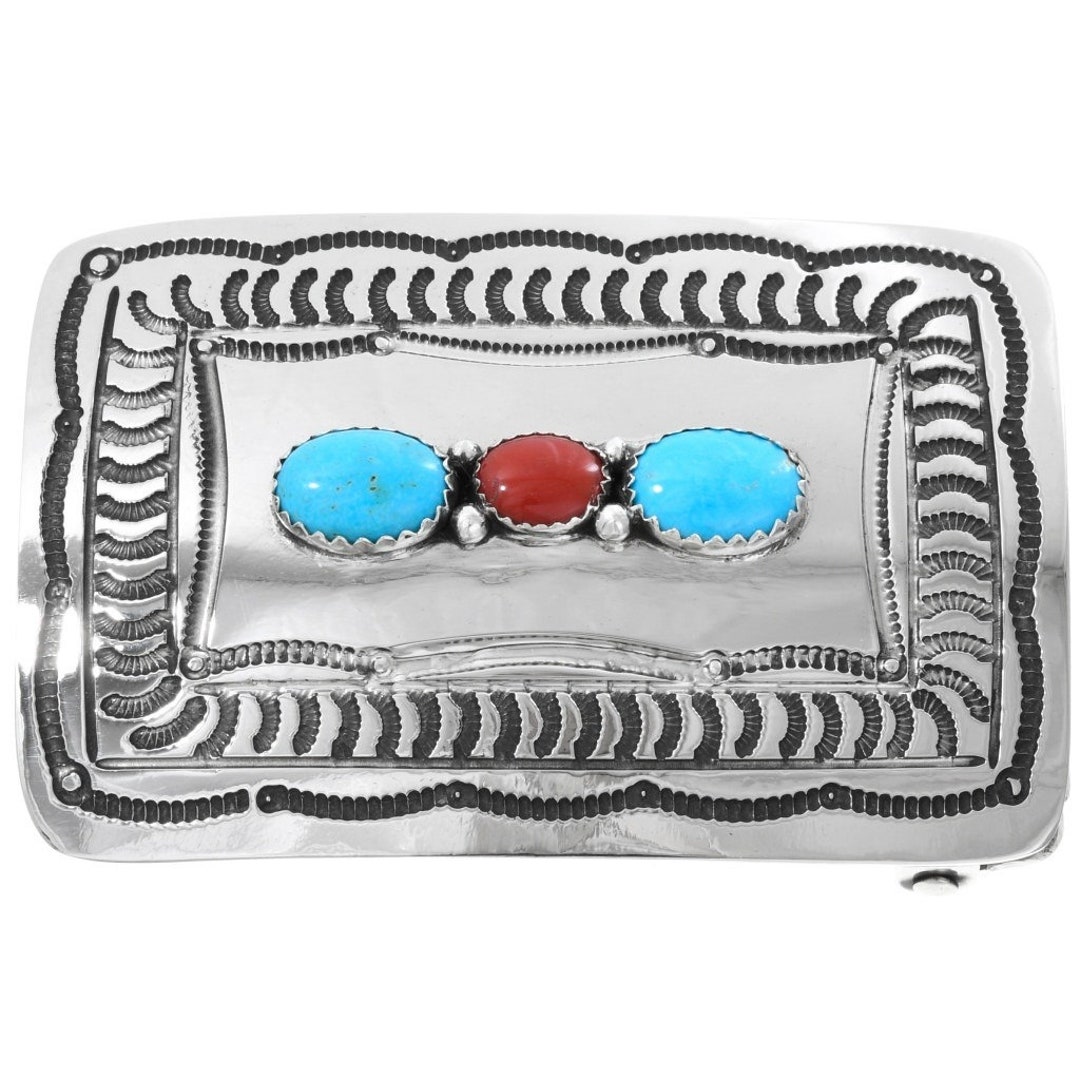 Navajo Turquoise Coral Belt Buckle Traditional Hammered Silver Patterns ...