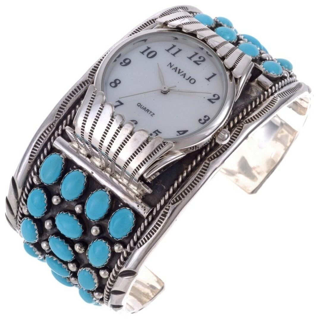 Navajo Turquoise Silver Watch Cuff Mens Cluster Sterling Silver ...