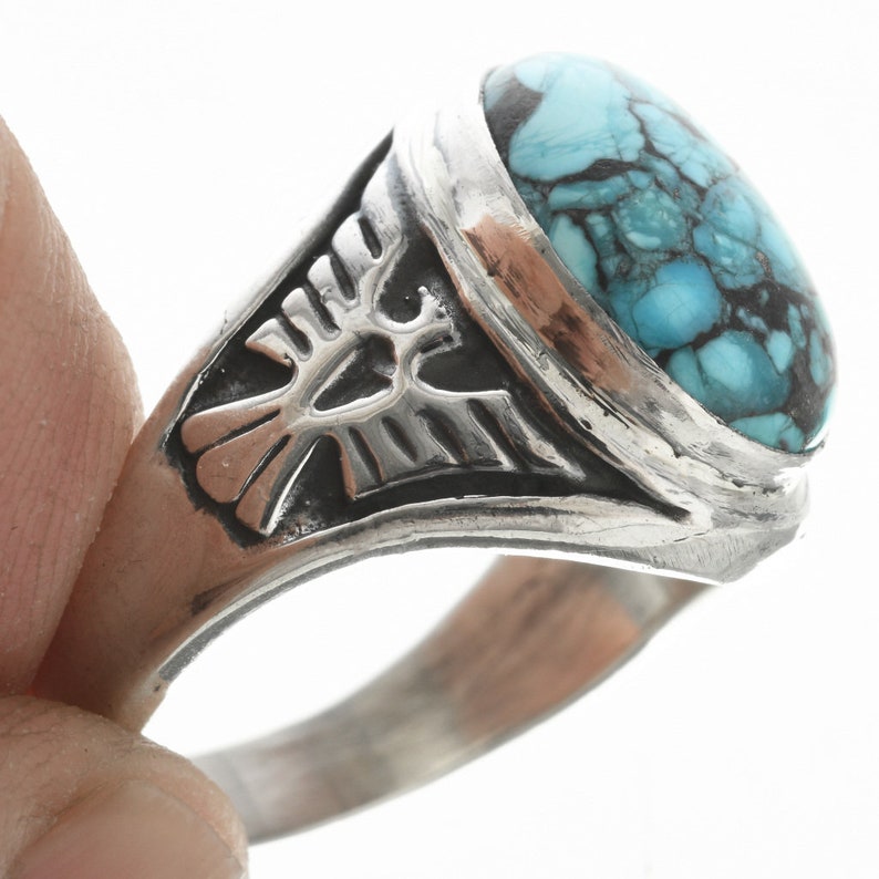 Mens Turquoise Ring Silver Eagle Overlaid Thunderbird Shank Etsy