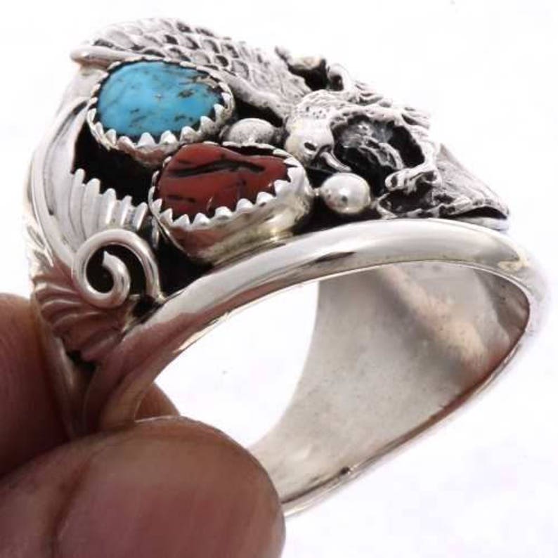 Navajo Silver Eagle Mens Ring Turquoise Coral Any Size