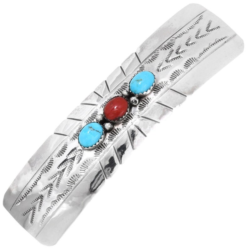Turquoise Coral Sterling Hair Barrette Navajo Handmade 0671