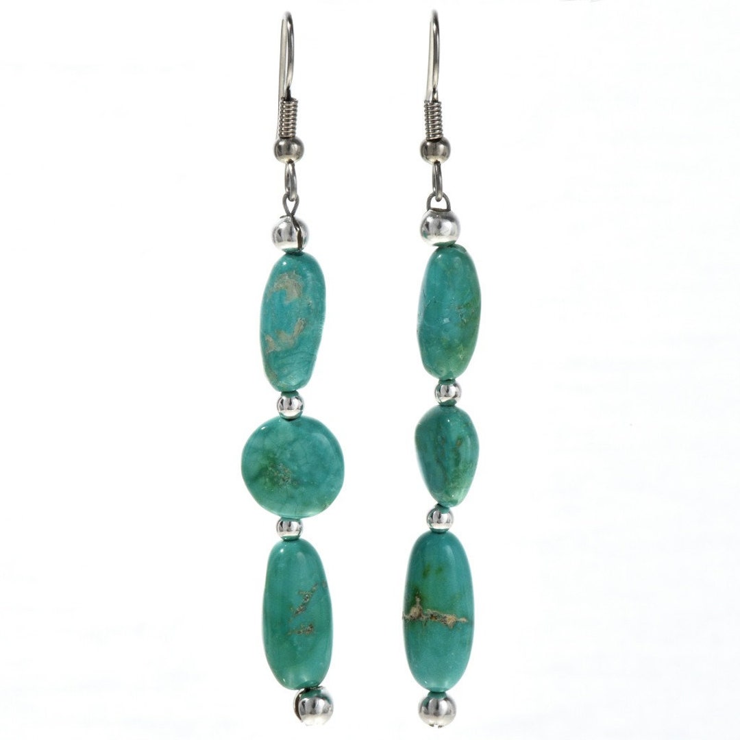 Authentic Navajo .925 Sterling Silver Earrings With Natural Kingman & White Turquoise – Handmade By Charlene Little