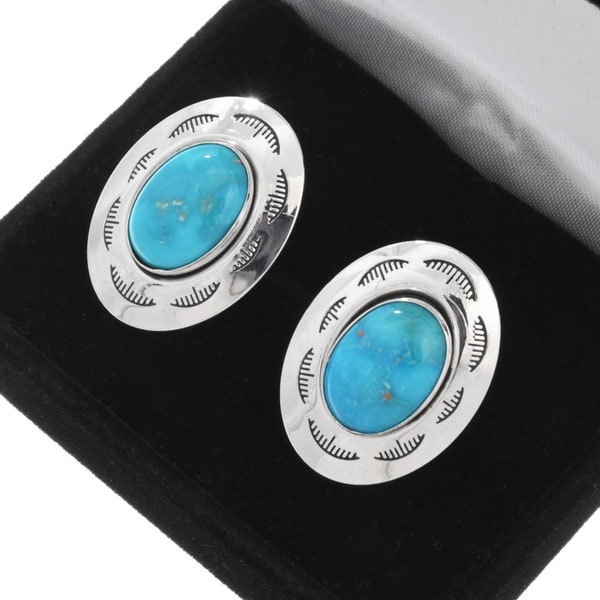 Navajo Turquoise Silver Cuff Links Hammered Sterling Concho Design 3745