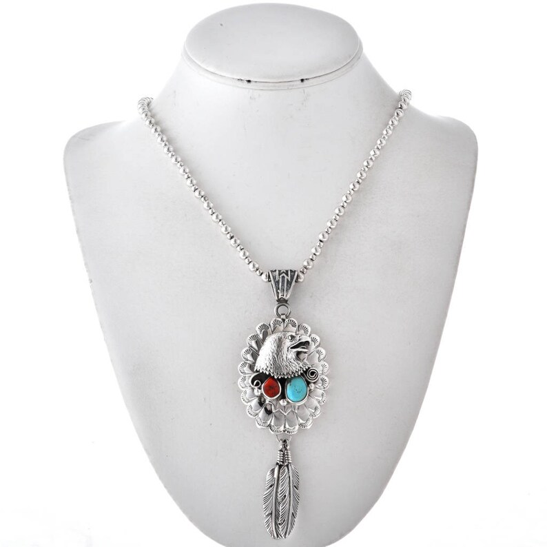 Navajo Silver Eagle Pendant with Turquoise Coral Feathers